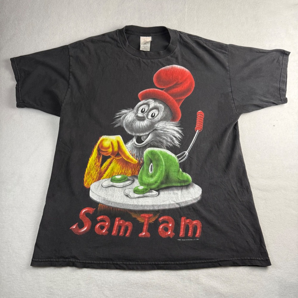 Vintage 1997 Dr Seuss Sam I Am Green Eggs and Ham T Shirt XL Black Made in USA